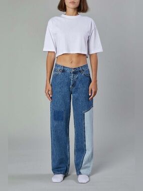 ⁠Still Here NYC Skater Patchwork Wide Leg Jeans Blue Denim Size 24⁠